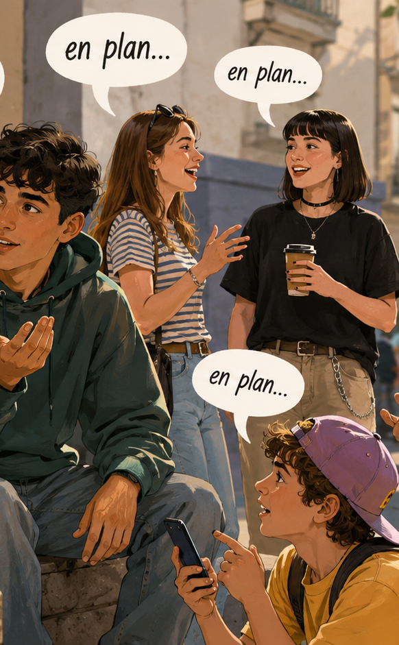 Jóvenes usando la expresión en plan en una conversación cotidiana